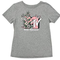 Viacom MTV Womens S Botanical Art Graphic Tee Shirt Heather Gray Floral Licensed