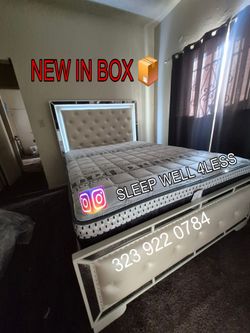 Queen Bed Frame with LED Tufted Headboard