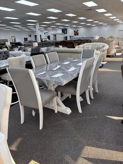 Rich look White/Grey Marble look dining set w/Crossed leg base