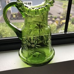 Vintage blown glass fluted rim green glass hand painted pitcher