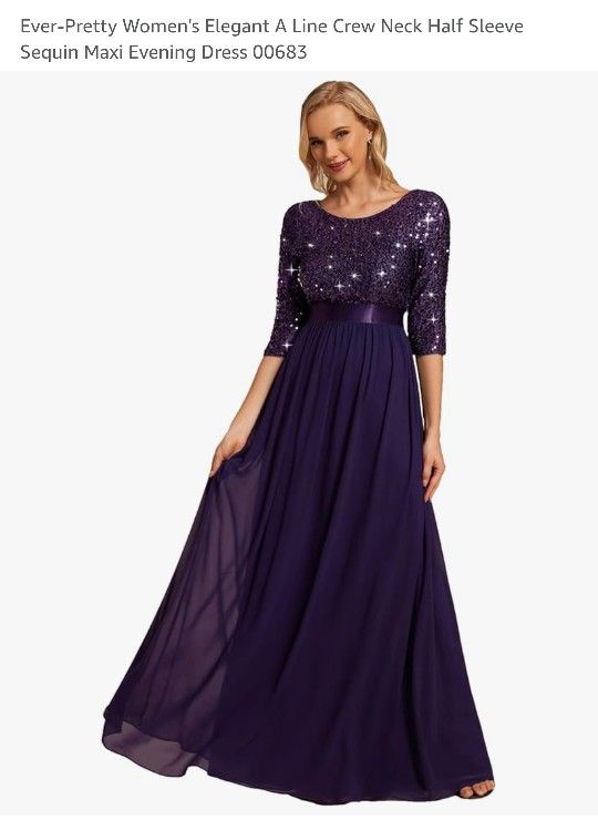 Purple Elegant A Line Crew Neck Half Sleeve Sequin Maxi Evening Dress