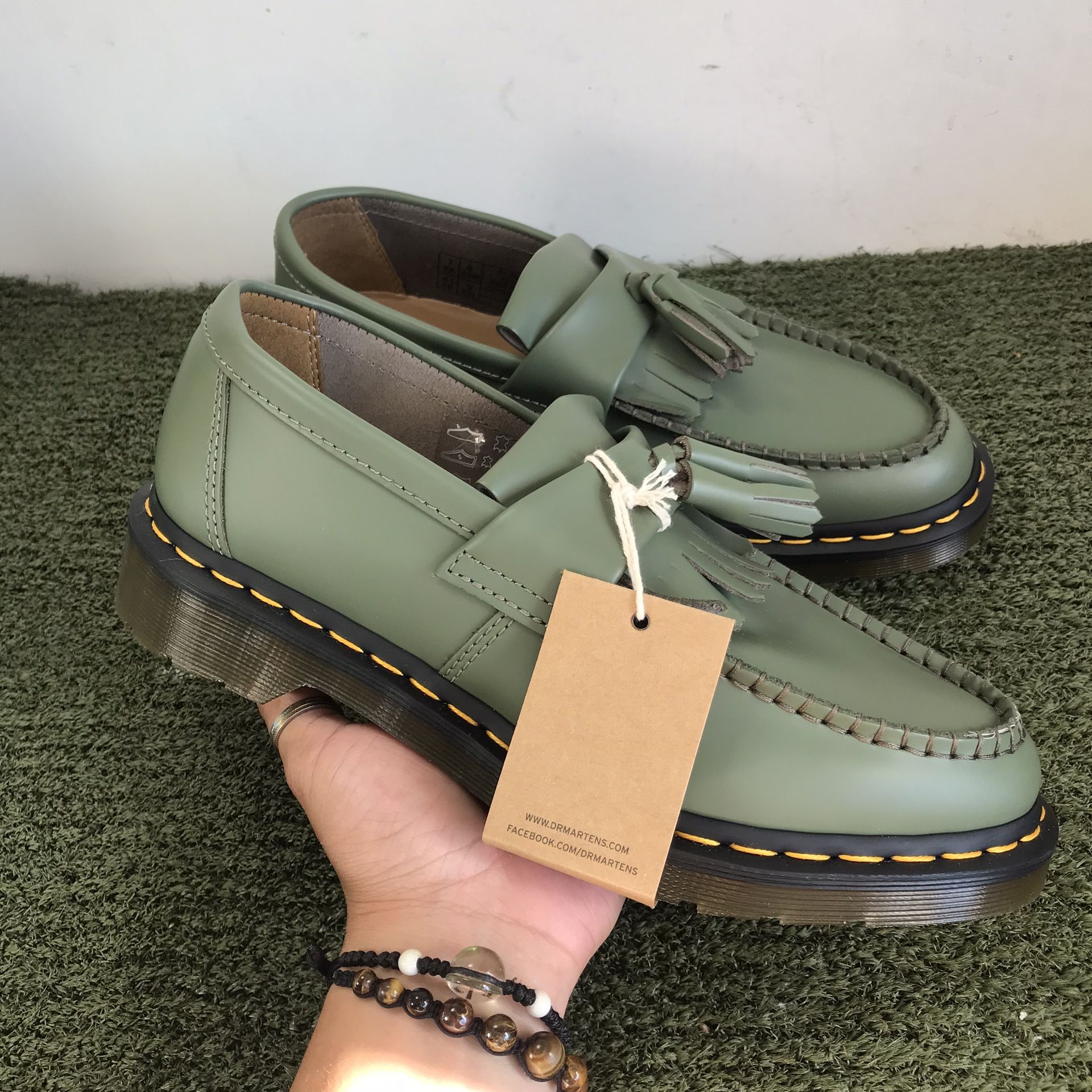 Martens Adrian YS Olive Green Leather Tassel Loafers Women's