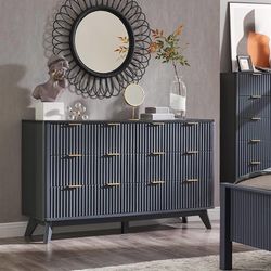 Fluted 6 Drawers Dresser, 54" Wide Modern Chest of Drawers with Faux Marble Top, Curved Profile Design, Dresser TV Stand, Wood Drawer Organizer for Be