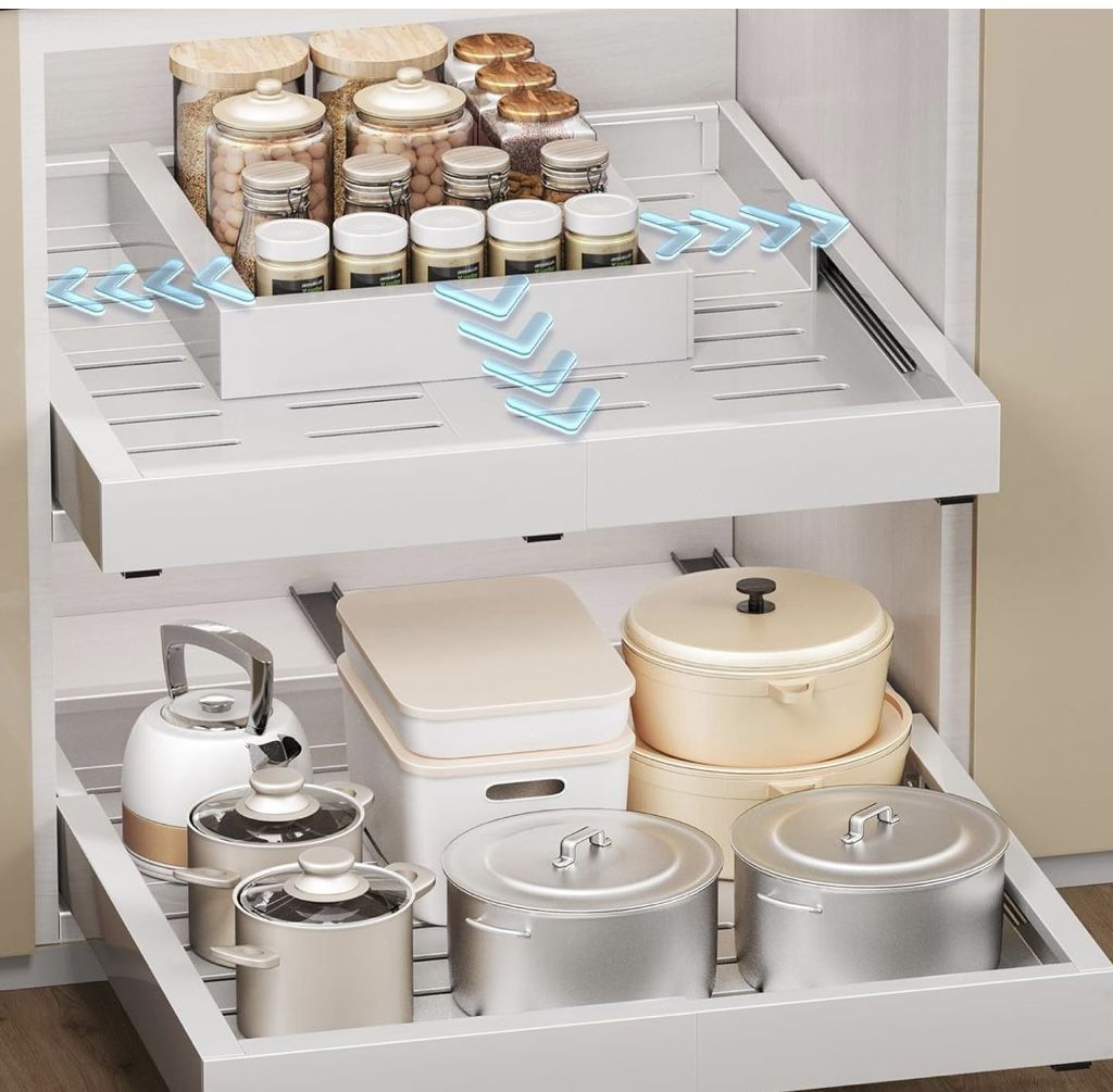 2 Pack Pull Out Cabinet Organizer, Slide Out Drawer Expandable Width (12"-19") and Depth (17"-23") With 3 Slides, Fixed with Adhesive Film or Nail for