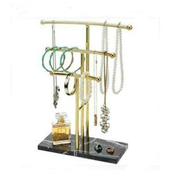 3 Tier Vintage Brass Jewelry Display Holder Stand with Black Marble Base Great Gift!