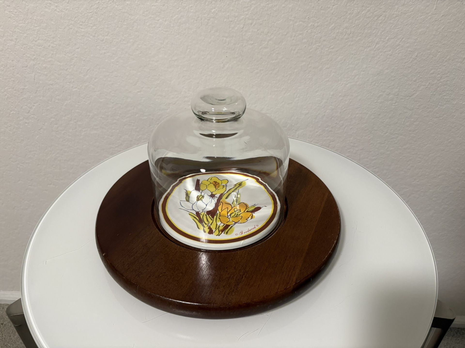 Glass Dome with Floral and Ceramic Wood Serving Tray