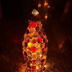 Illuminated Wine Bottle Lamp Handmade Craft Light Colorful Glass Beads Decor