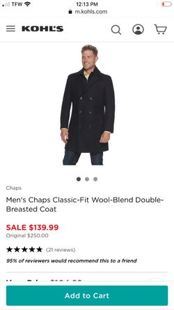 Men’s Black Chaps Classic-fit Wool-Blend Double Breasted Coat.