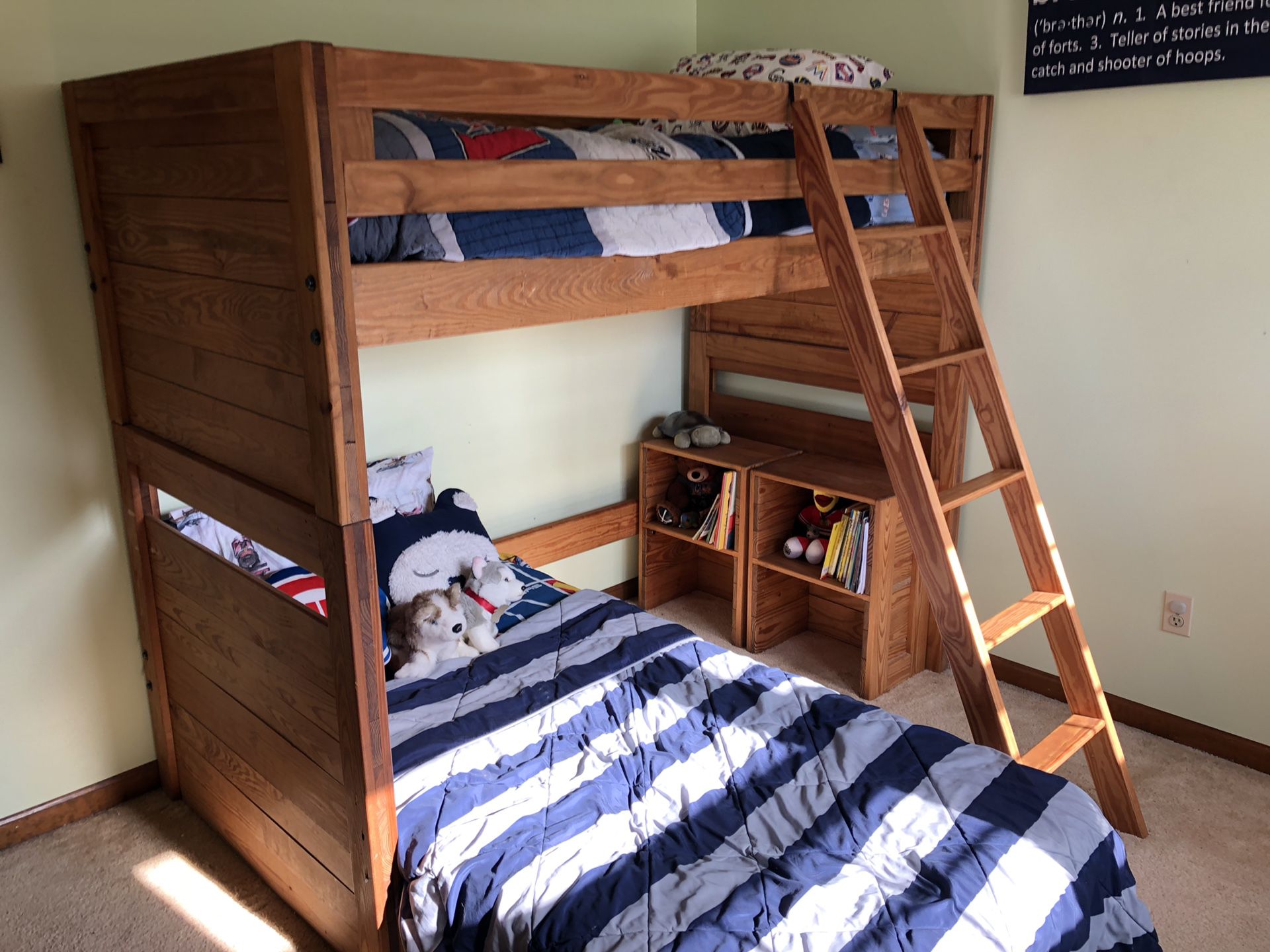 Solid Wood Bunk Bed Loft with 2 wooden bookshelves