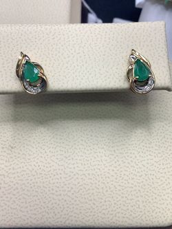 10KT Gold Earrings with Green Stone and Diamonds