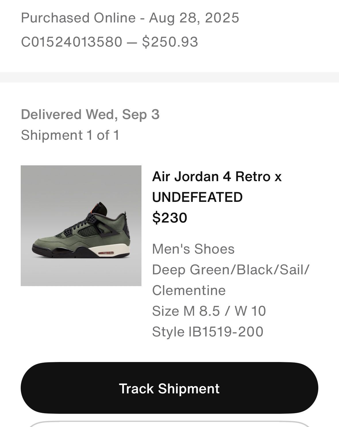 Jordan 4 X Undefeated Size 8.5