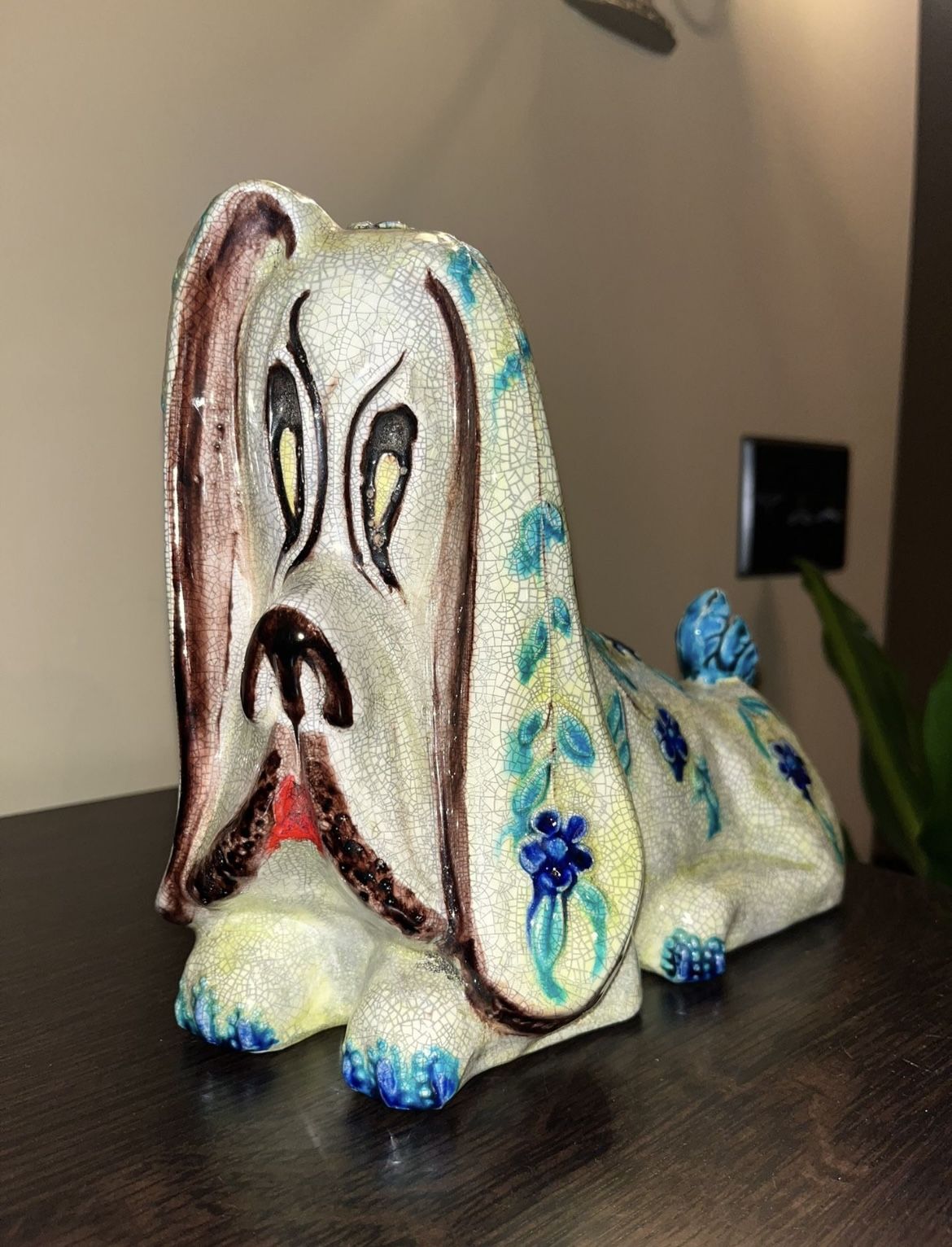 Vintage 60’s MCM Art Pottery Dog Bank Bassett Hound Flowers Boho Decor