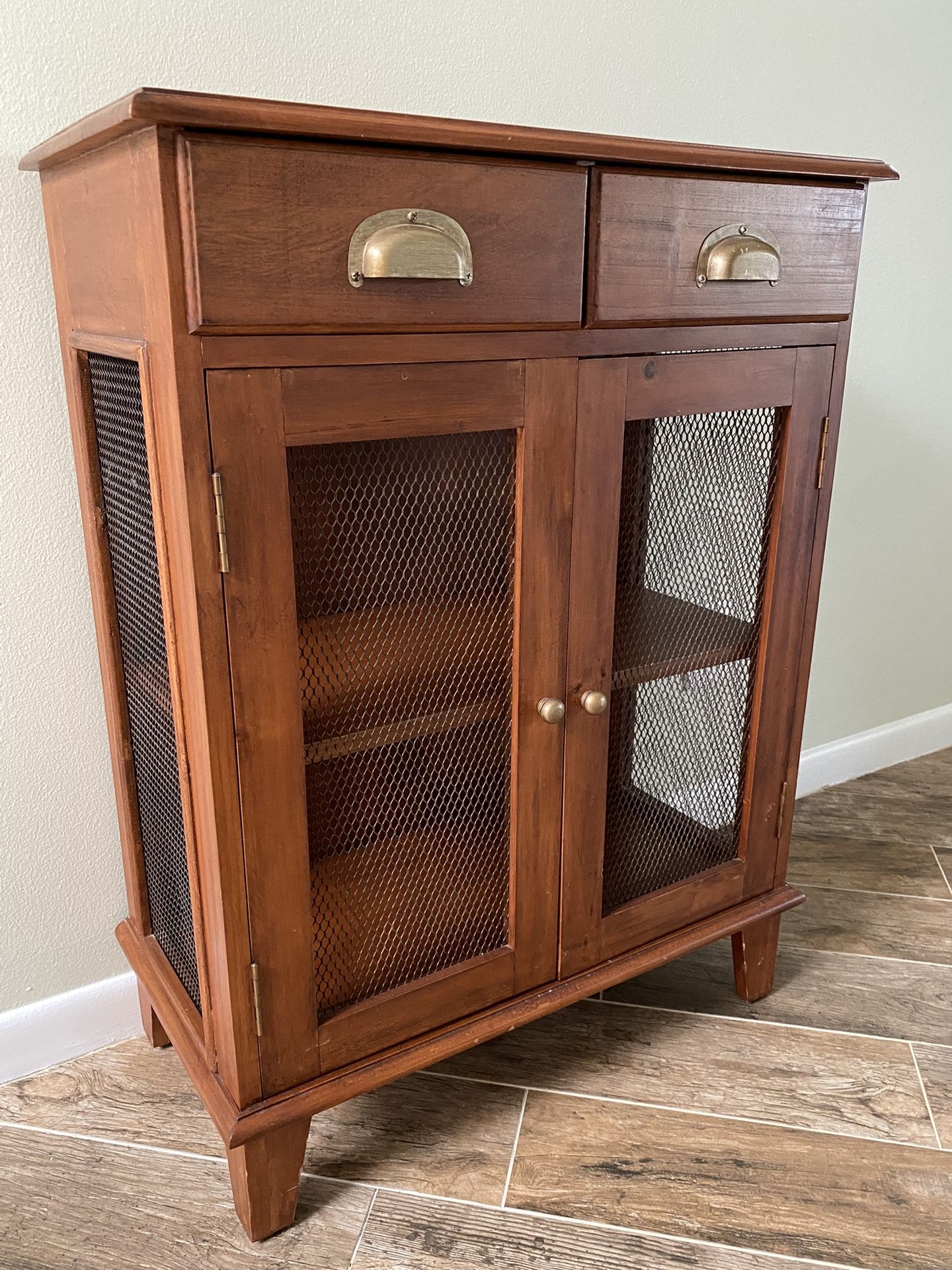 Rustic Wood Storage Cabinet with Drawers and Mesh Doors