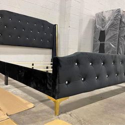 Diamond Tufted Upholstered Black Queen And King Size Bed-frame, Mattress 