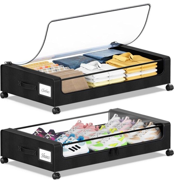 Under Bed Storage with Wheels, 2 Pack Under Bed Storage Containers with Clear Lids & Zippers,