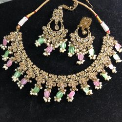 Polki Necklace Set Pink And Mint Color Indian Bollywood Pakistani Jewellery 