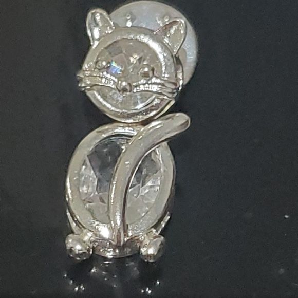 CAT PIN crystal glass and silver tone