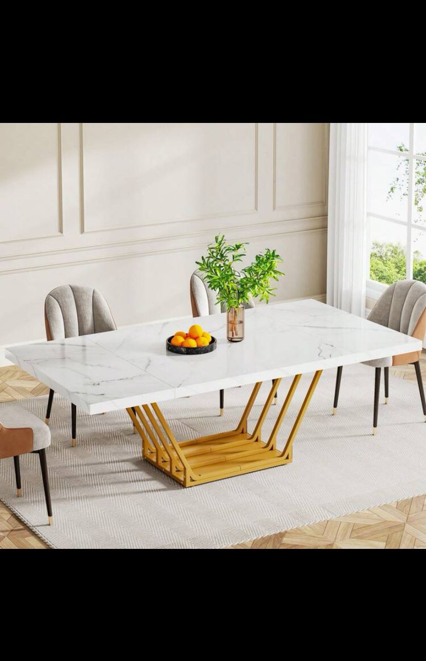 Dining Table for 4-6 People, 63-Inch Modern Dining Table, Rectangular Wood Dining Table with Faux Marble Top and Metal Frame for Dinner Roo