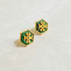 Tory Burch Green Stud Earrings Gold