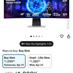 Samsung 49-Inch Odyssey G9 (G95SD) Series QD-OLED G-Sync Compatible Curved Gaming Monitor