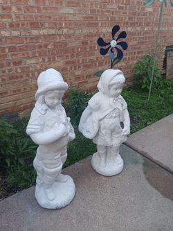 34" Vintage Concrete Garden Style Boy & Girl Statue Set for Lawn Decoration