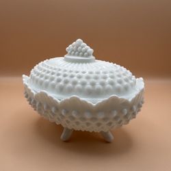 Fenton Oval White Hobnail Milk Glass Footed Covered Dish