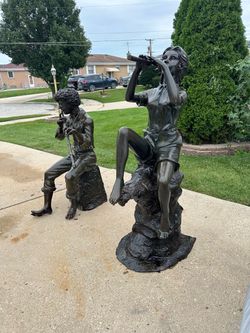 Bronze Boy and Girl Flute Player Statues