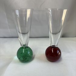 Vintage Hand-Blown Set Of 2 Colored Bubble Ball Cordial Shot Glasses MCM