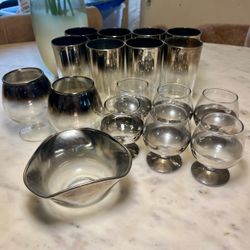 Vintage 17 Pc Silver Ombre Barware Set MCM Hollywood Regency Highball Brandy Cocktail Glasses