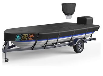 Heavy Duty 5 Layers 1200D Jon Boat Cover 12ft - 14 ft with Motor Cover 100% Waterproof Trailerable Jon Boat Covers 14-16 Foot with 9+4 Pcs Windproof S