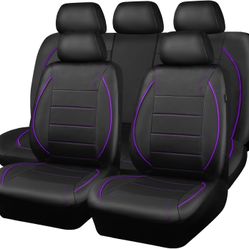 PU Leather Car Seat Covers Universal Full Set Black With Purple Piping