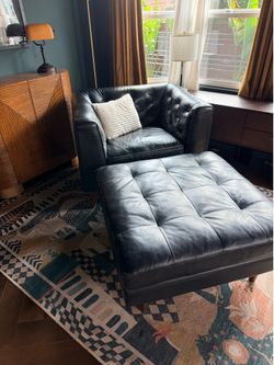 Poly & Bark Essex Black Leather Armchair & Ottoman Set
