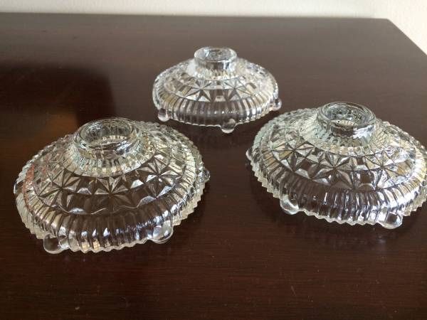 Vintage MCM Anchor Hocking Stars & Bars Footed Candle Holders- Set Of 3