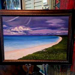 vintage seascape beach oil painting on canvas, signed by Mildred de Rouge and housed in an antique frame. 31"×41"