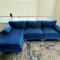 Blue Velvet L-Shaped Sectional Sofa w/ Chaise - Moving sale, Open To Offers 