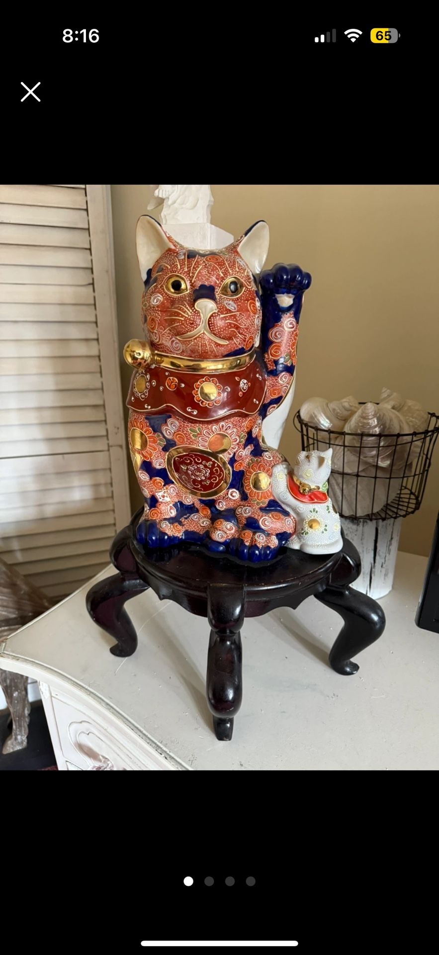 Japanese Kutani Rare Lucky Cat With Kitten Statue 