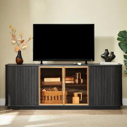 Black Fluted TV Stand, 64 Inch Modern Media Console with Glass Doors and LED Lights, Press-to-Open Sideboard Cabinet with Adjustable Shelf for Living 