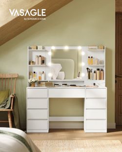 43.3-Inch Vanity Desk with Mirror and Lights, 9 Drawers Modern Vanity Table with Power Outlets, Jewelry Storage, Cloud White, for Bedroom, KAILYN Coll