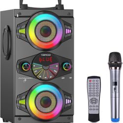 Bluetooth Speakers, 60W Portable Wireless Loud Outdoor Home Party Bluetooth Speaker with Subwoofer, FM Radio, LED Colorful Lights, Microphone, Remote