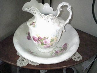 antique C.P. Marquette large basin chamber pot pitcher floral design