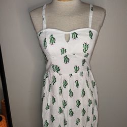 AUW Juniors White Spaghetti Strap Catcus Print Sundress Size Medium EUC