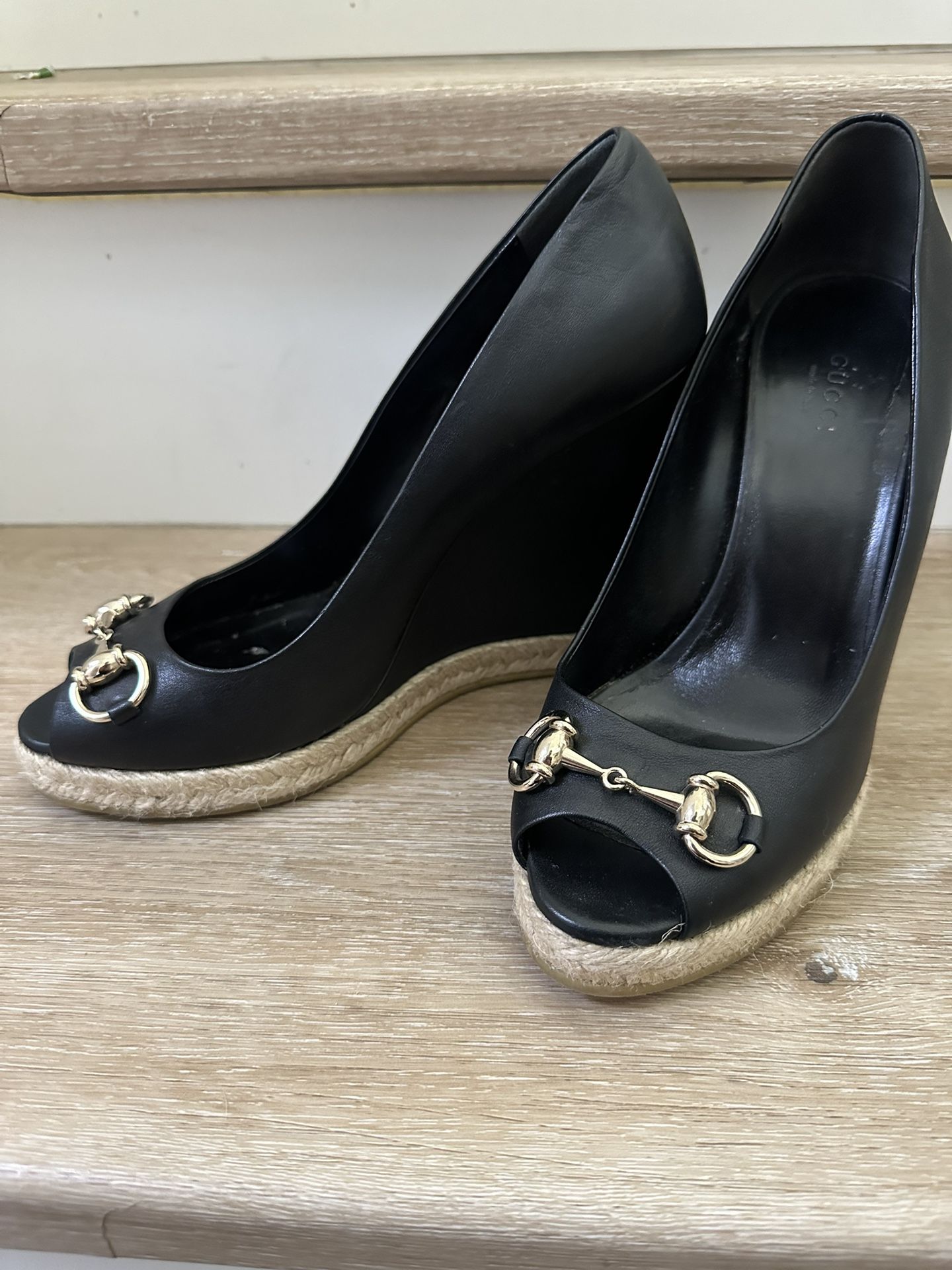 Authentic Gucci black leather wedges horse bit 466710 size 38