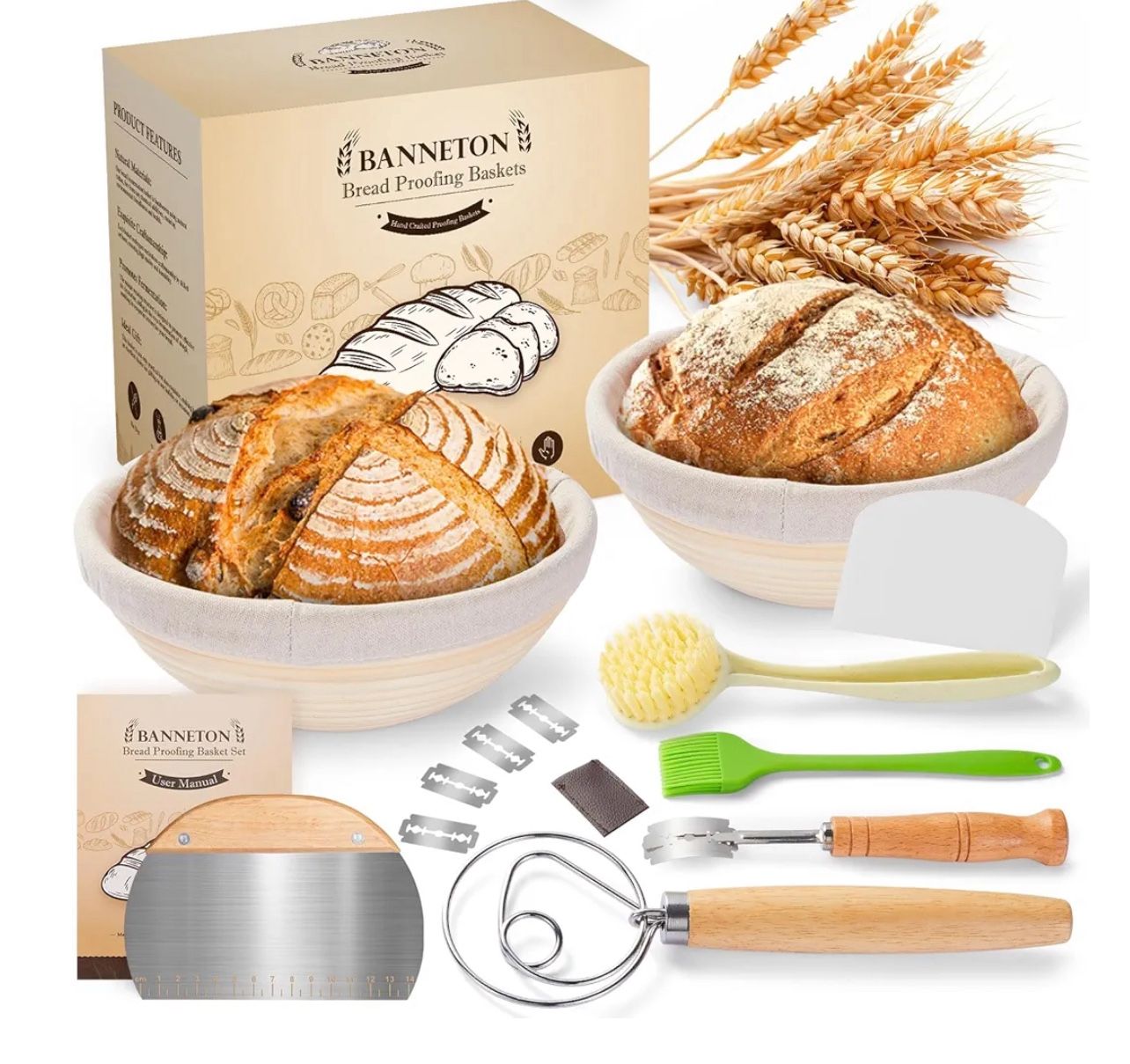 Banneton Bread Sourdough Proofing Basket - Sourdough Starter Kit Set of 2, Sourdough Bread Baking Supplies 9" Round Set of 2, Bread Proofing Basket Wi