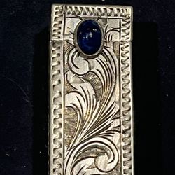 Reduced! Italy Antique Scroll 800 Silver Lipstick Case, SpringMirror, Blue Lapis Button