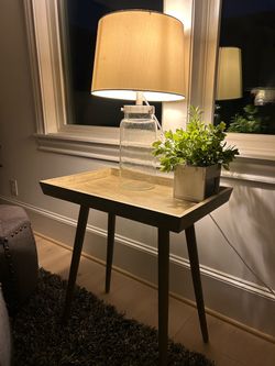 Modern Wood End Table / Side Table with Decor and Lamp