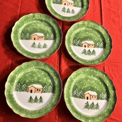 Set of 5 - The Cellar Log Cabin Christmas Dinner Plates 10"
