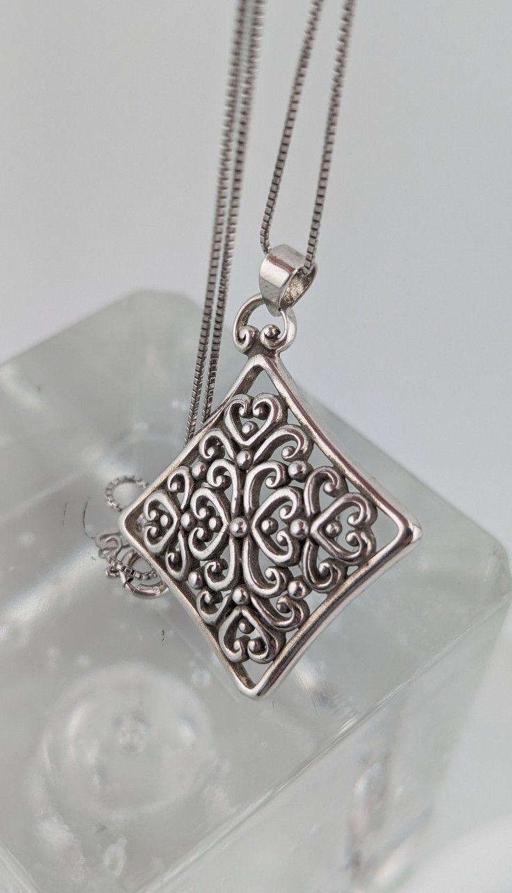 π€925 Brutalist Sterling Silver Open Heart Scrollwork Pendant 18β Rope Necklace~9gβοΈ