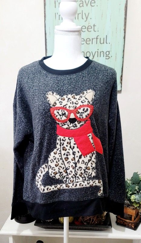 Woman's Leopard PJ Lounge Top with Red Sparkle Accents