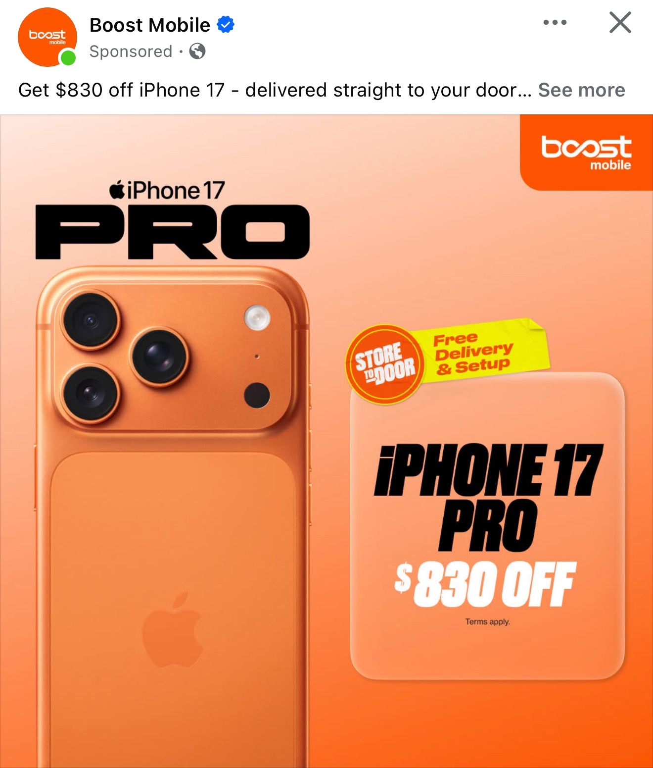 Apple iPhone 17 Pro Max From $10.27/mo. or $1,199.99.