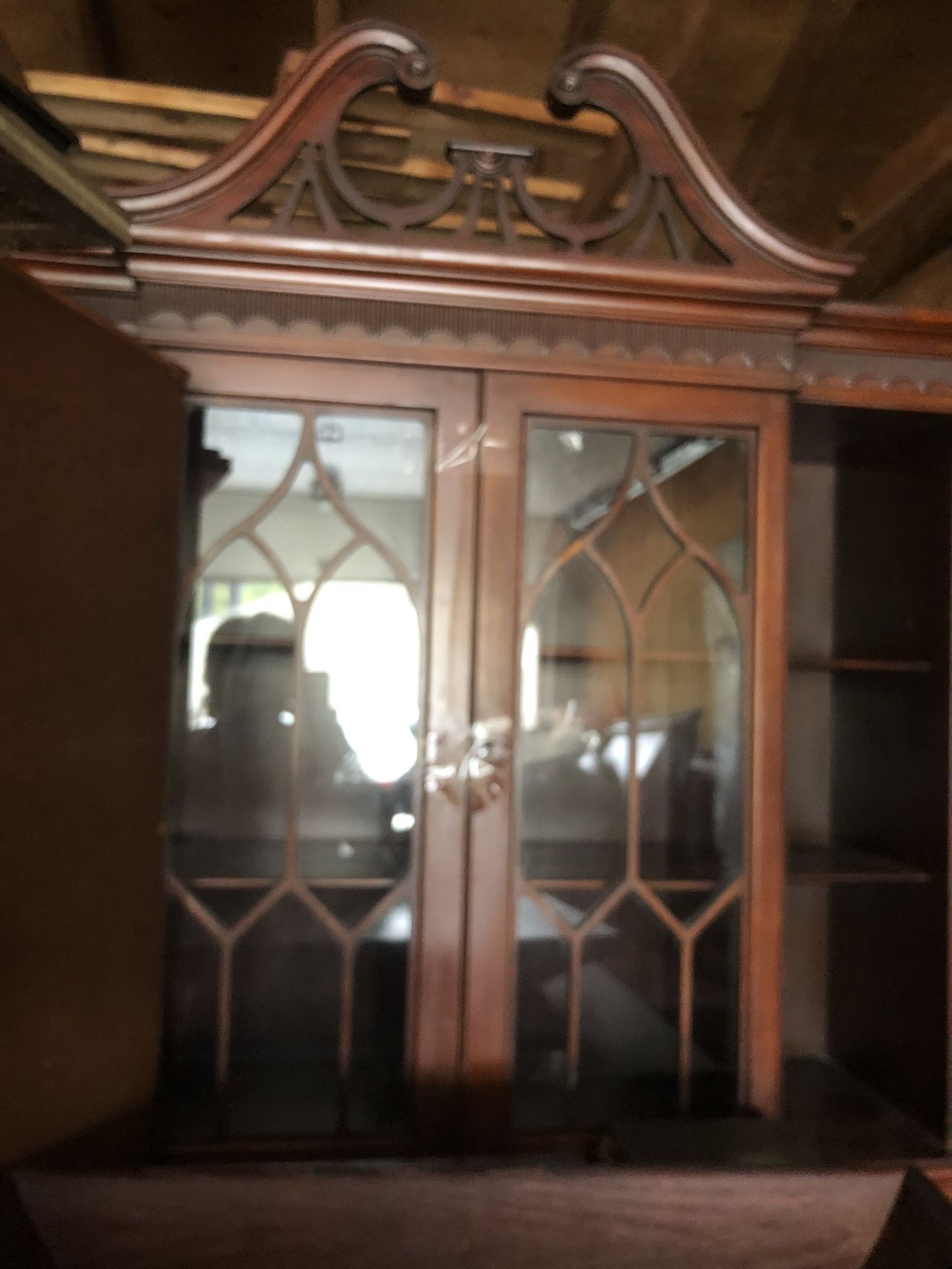 China cabinets (2) & Desks(2) One With Bookcase & Harp Design Table All Vintage And Beautiful